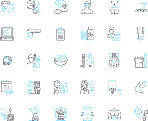 Body fitness linear icons set. Strength, Flexibility, Endurance, Agility, Stamina, T, Energy line vector and concept signs. Athletics,Wellness,Cardio outline illustrations