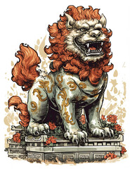 Chinese Dragon Statue, Foo Dog, Chinese Culture, Watercolor. generative AI