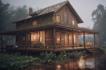 Lovely simple 3D wooden home in rain, made of wood. Generative AI