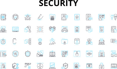 Security linear icons set. Encryption, Firewall, Authentication, Malware, Antivirus, Passwords, Biometric vector symbols and line concept signs. Surveillance,Cybercrime,Identity illustration