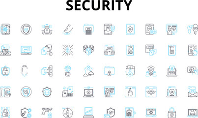 Security linear icons set. Encryption, Firewall, Authentication, Malware, Antivirus, Passwords, Biometric vector symbols and line concept signs. Surveillance,Cybercrime,Identity illustration