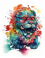 Chinese Dragon Statue, Foo Dog, Chinese Culture, Watercolor. generative AI