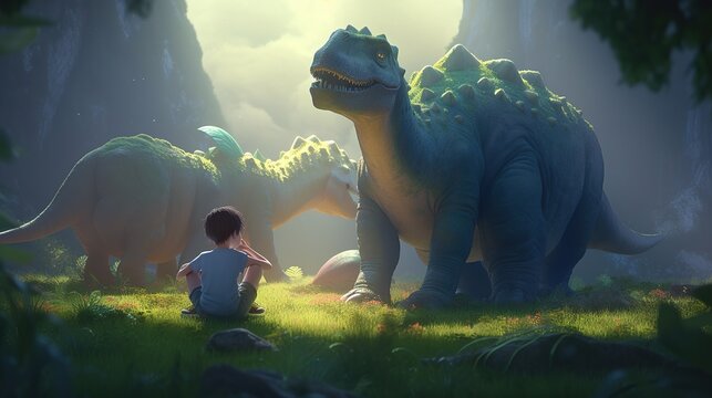 boy with friendly dinosaurs, digital art illustration, Generative AI