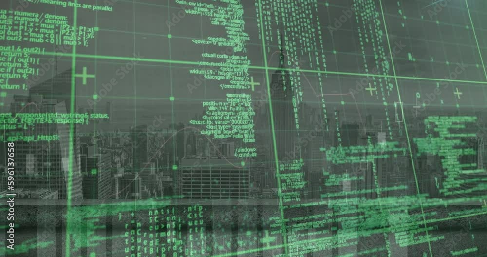 Poster animation of data processing over grid network against aerial view of cityscape
