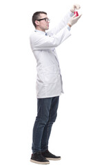 male doctor with a laboratory flask. isolated on a white