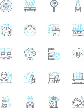 Chemical production linear icons set. Synthesis, Polymerization, Oxidation, Reduction, Distillation, Fermentation, Ionization line vector and concept signs. Hydrogenation,Isomerization,Catalysis