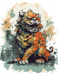 Chinese Dragon Statue, Foo Dog, Chinese Culture, Watercolor. generative AI
