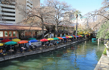 Fototapeta na wymiar Colorful umbrellas on Riverwalk, San Antonio, Texas