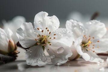 White cherry blossom petals. Generative AI