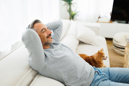 Happy Mature Adult man sitting on sofa relaxing and resting with his chihuahua dog in living room at home. Senior male sleeping on couch. Well-being, lifestyle, recreation