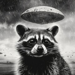 raccoon with UFO flying in the background