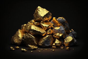 Piles of gold nuggets. Ai. Shiny golden stones in heaps  isolated on black background