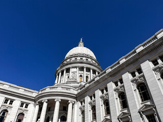Wide-angle close-up of the Wisconsin State Capitol.