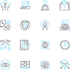 Risk security linear icons set. Vulnerability, Threat, Breach, Exposure, Hack, Intrusion, Compromise line vector and concept signs. Damage,Endangerment,Hazard outline illustrations