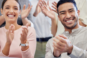 Office celebrations. Portrait of a group of young businesspeople clapping during a conference in a modern office.