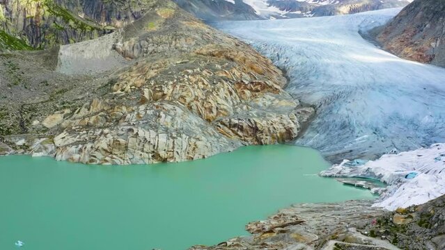 Aerial view of melting Rhone Glacier (Rhonegletscher) in Switzerland, canton of Valais