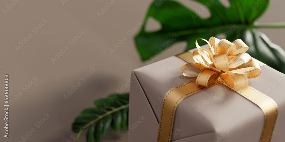 Poster gift box closeup background with golden ribbon tied around it. 3d rendering