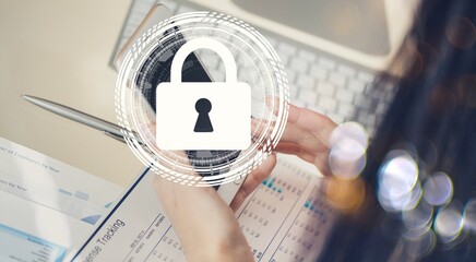 Cybersecurity concept, icon of padlock on mobile phone