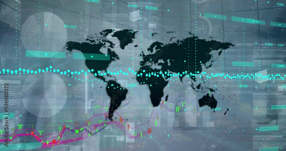 Poster animation of map, multiple graphs and changing numbers over time-lapse of walking people on street