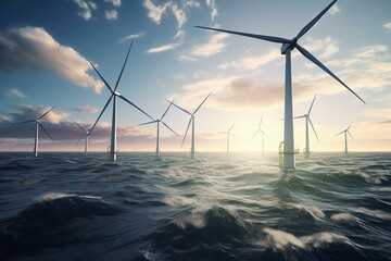 Offshore wind turbines generating clean energy from the power of the ocean waves. 3D rendering of white wind farms on blue sky background. Generative AI