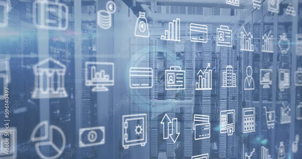 Poster animation of multiple icons over digital clock against server racks in background