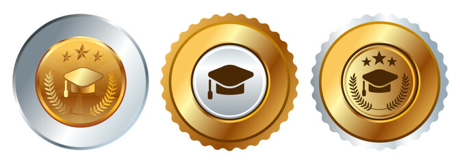 Academic education graduation cap hat medal gold round competition winner round badge emblem
