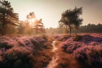 The Veluwe Zuiderheide Park in Holland features blooming heather fields, with purple and pink varieties. Generative AI