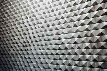 Three-dimensional triangular mosaic tiles with semigloss polish create a polished wall. The background is formed by stacked 3D bricks for a concrete block effect. Rendered digitally. Generative AI