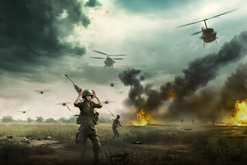 Fototapeta Vietnam war with helicopters and explosions. Neural network AI generated art obraz