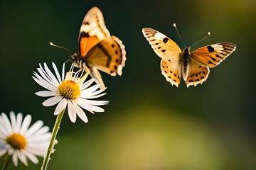 Papillons flying over a flower.