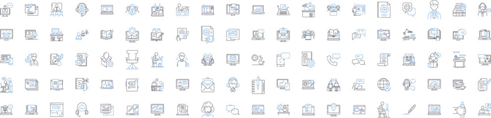 Virtual employment line icons collection. Telecommuting, Remote-working, Virtual-assistance, E-employment, Online-contracting, Digital-labor, Cyber-job vector and linear illustration. E-job,Web