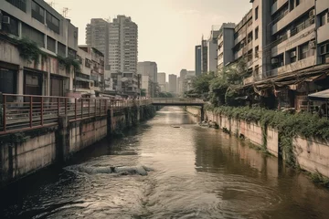 Foto op Plexiglas A waterway flowing through a bustling metropolitan area. Generative AI © Cressida