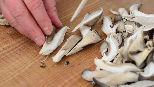 We cut mushrooms. Oyster mushroom mushrooms on a board.