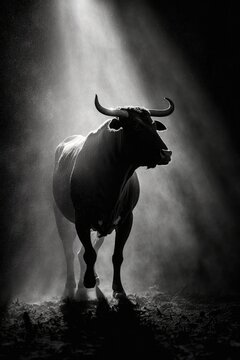 bull silhouette, studio photography, black and white photography, animals, wall art, generative ai