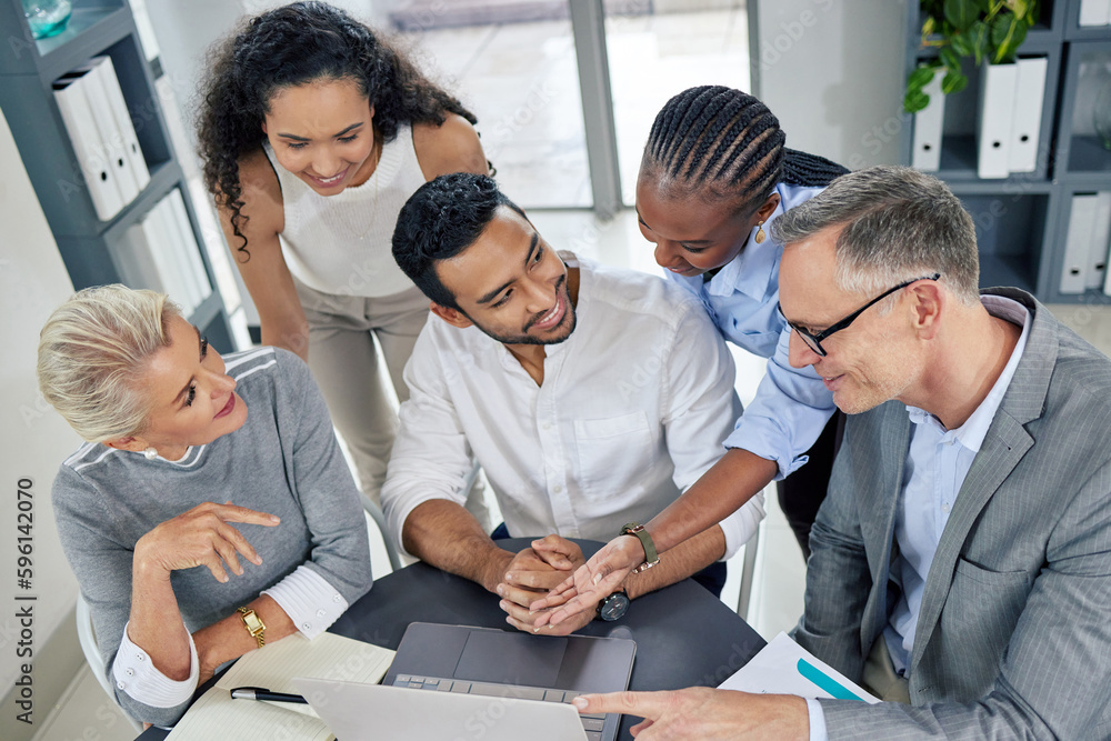 Poster going above and beyond to make their plans work. a group of businesspeople using a laptop together i