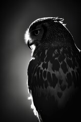 owl silhouette, studio photography, black and white photography, animals, wall art, generative ai
