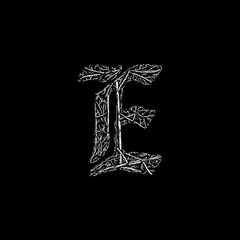letter E branches hand drawing vector isolated on black background.