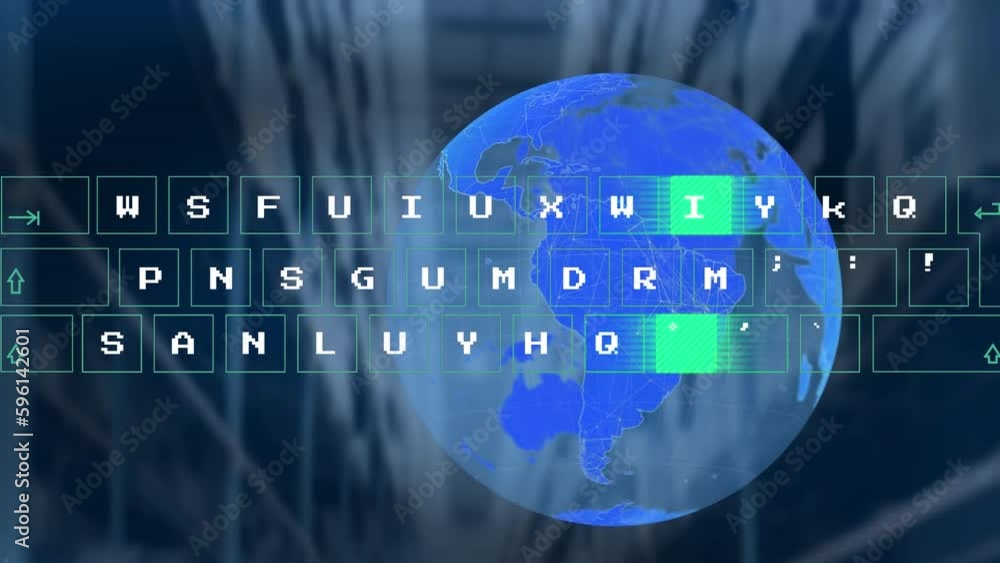 Poster animation of abstract pattern moving on keyboard over globe against low angle view of warehouse