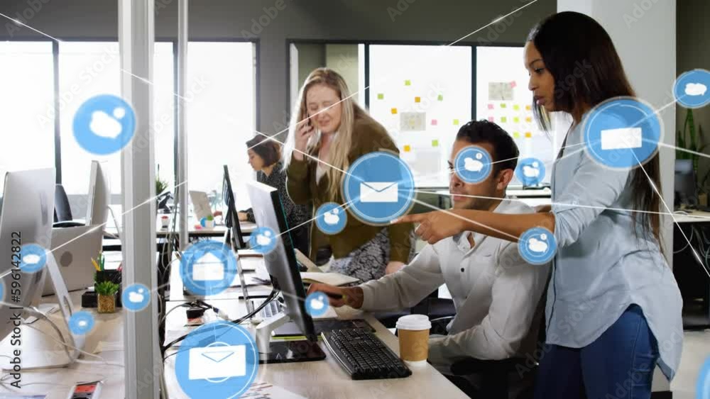 Poster animation of network of digital icons over diverse man and woman discussing over computer at office
