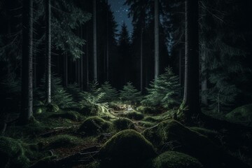 Nighttime coniferous woodland scenery. Generative AI