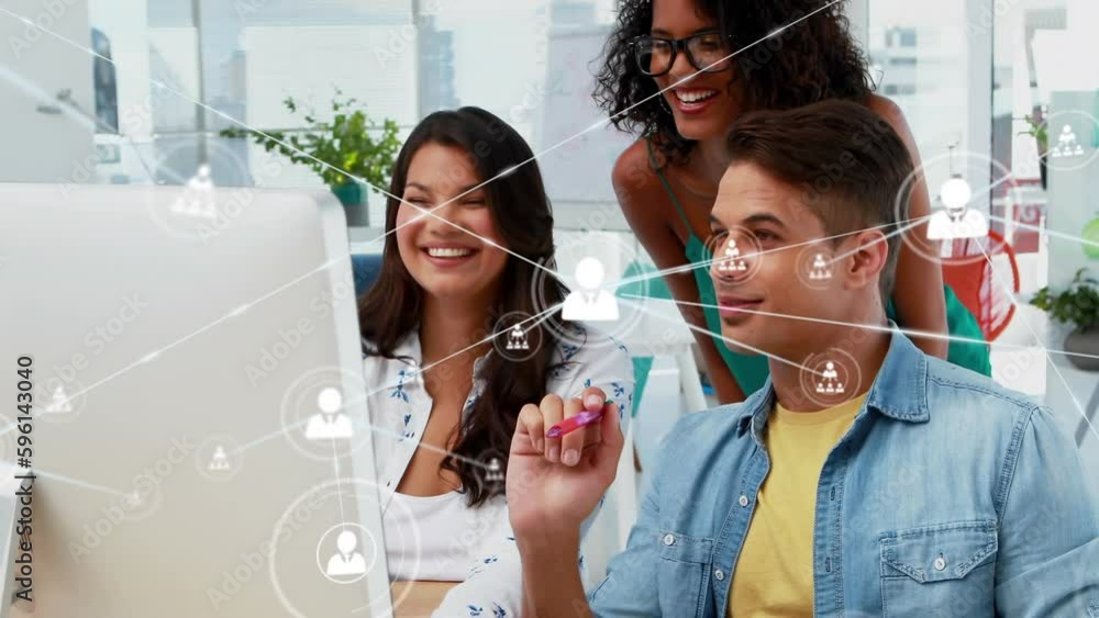 Poster animation of network of profile icons over diverse colleagues discussing over a computer at office