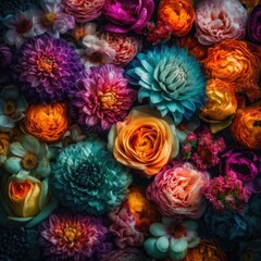 Obraz na płótnie Canvas Chrysanthemum colored flowers wall art square photo, manufacture palette background, bright color generative ai illustration