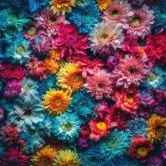 Fototapeta na wymiar Chrysanthemum flowers wall art square photo, manufacture palette background, bright color generative ai illustration