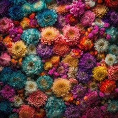 Naklejka na ściany i meble Chrysanthemum flowers wall art square photo, manufacture palette background, bright color generative ai illustration