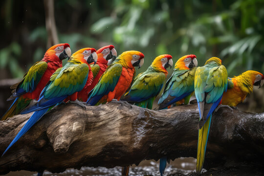 group of colorful parrots in amazon jungle, generative AI