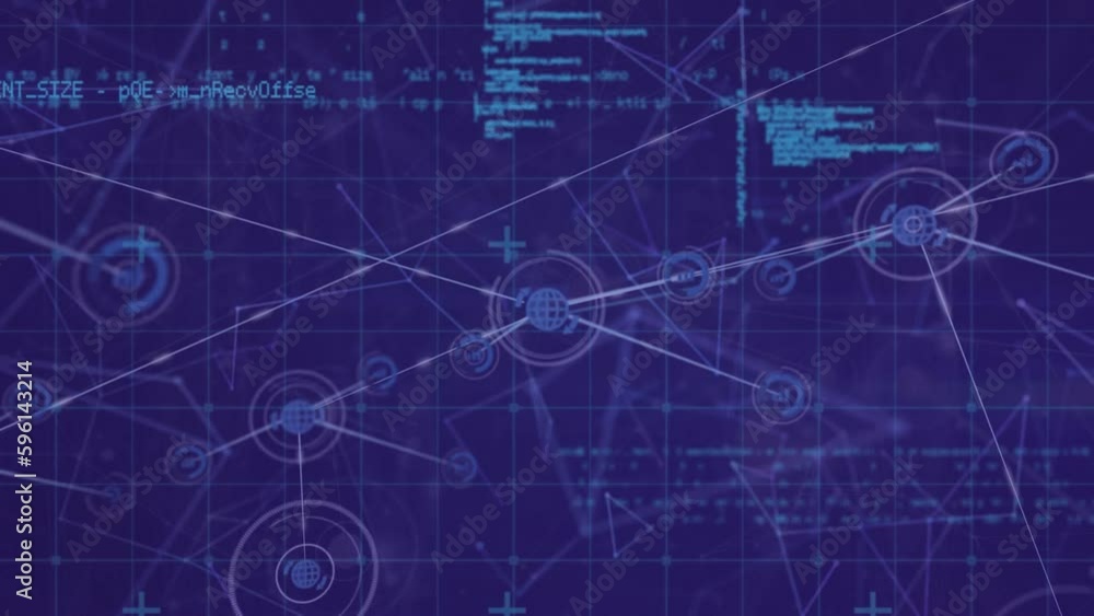 Poster animation of network of digital icons and data processing over grid network against blue background