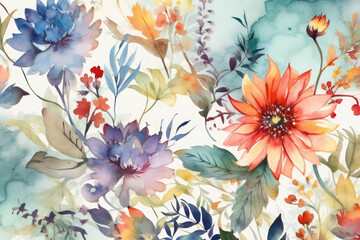 Watercolor illustration of a seamless floral design including summer flowers. Pattern making for use in the textile, interior design, apparel, and wallpaper industries, generative AI