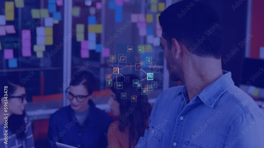 Poster animation of connected icons forming globe over biracial man using digital tablet in office