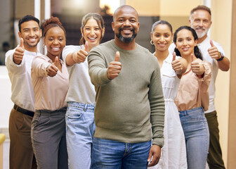 A trusted team to escort you to the next level. Portrait of a group of businesspeople showing the thumbs up in a modern office.
