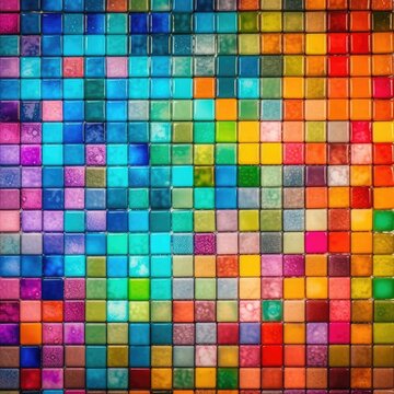 Colored ceramic tiles wall art square photo, manufacture palette background, bright color generative ai illustration